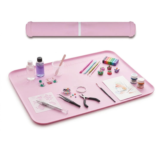 Silicone Mats for Crafts, 24" x 16" Silicone Craft Mat with 0.7" High Raised Edges to Contain Spills, Food Grade Large Painting Mat for Resin, Clay, Slime, Jewelry Making (Pink)