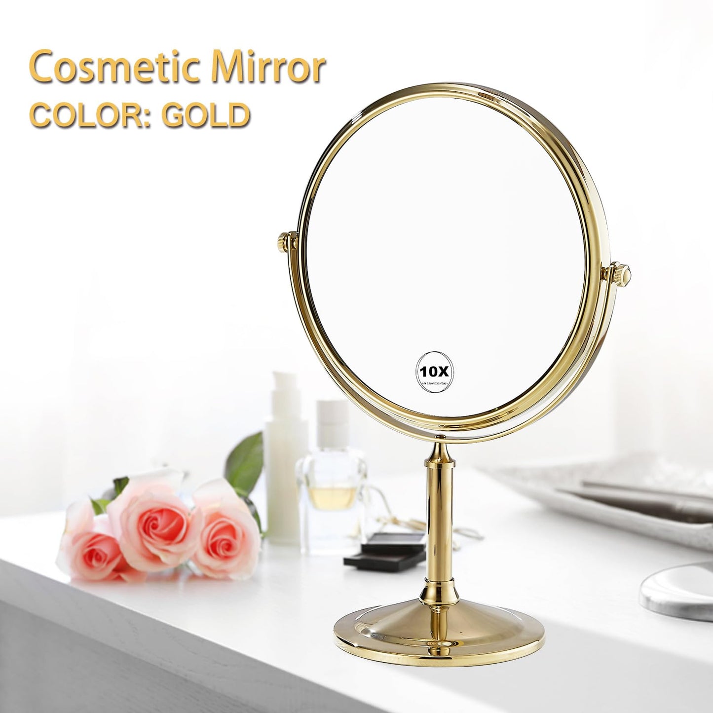 Airemoon 10x Magnifying Makeup Mirror, Standing 360-Degree Rotating Makeup Mirror, 8-Inch Gold Frame Shaving Mirror, 13-Inch Length × 9-Inch Width Beauty Mirror