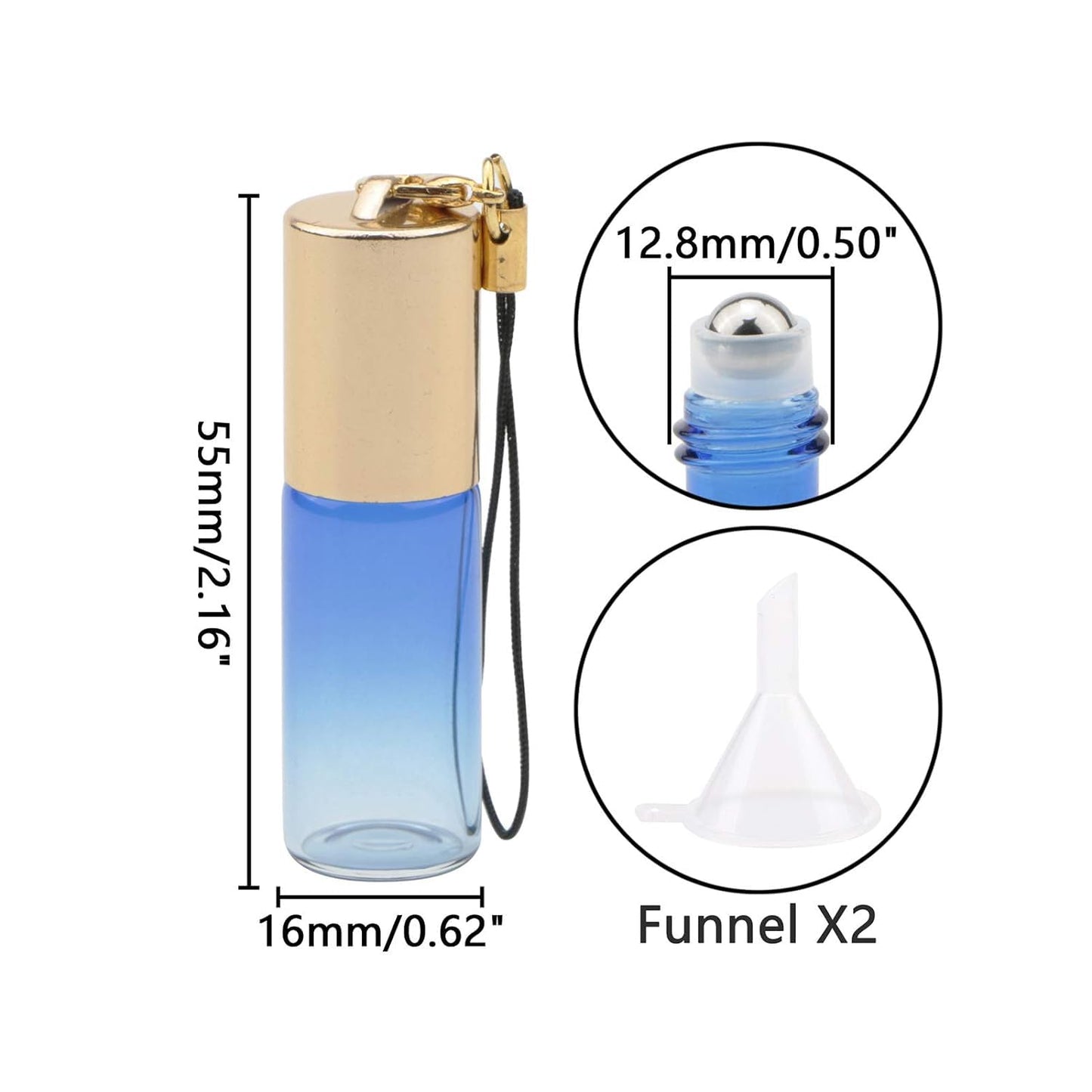 Kesell 5ml Essential Oil Roller Bottles - 15 Pack Gradient blue Colored Perfume Glass Roll On Bottles Sample Vials with Stainless Steel Roller Balls, Essential Oil Opener and Funnels Included