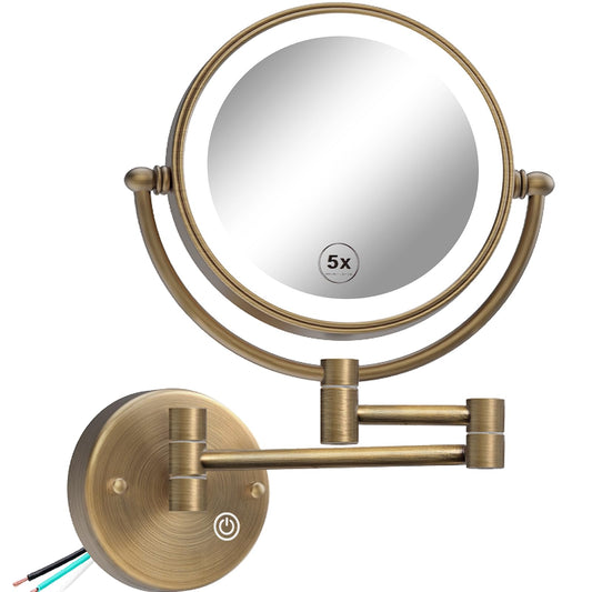 RECKODOR 8" Hardwired Lighted Makeup Mirror Wall Mounted, 1X/5X Double Sided 3-Colors LED Lighting Touch Dimming Extended Arm 360 Rotation no Bending Magnifying Mirror for Bathroom, Antique Brass