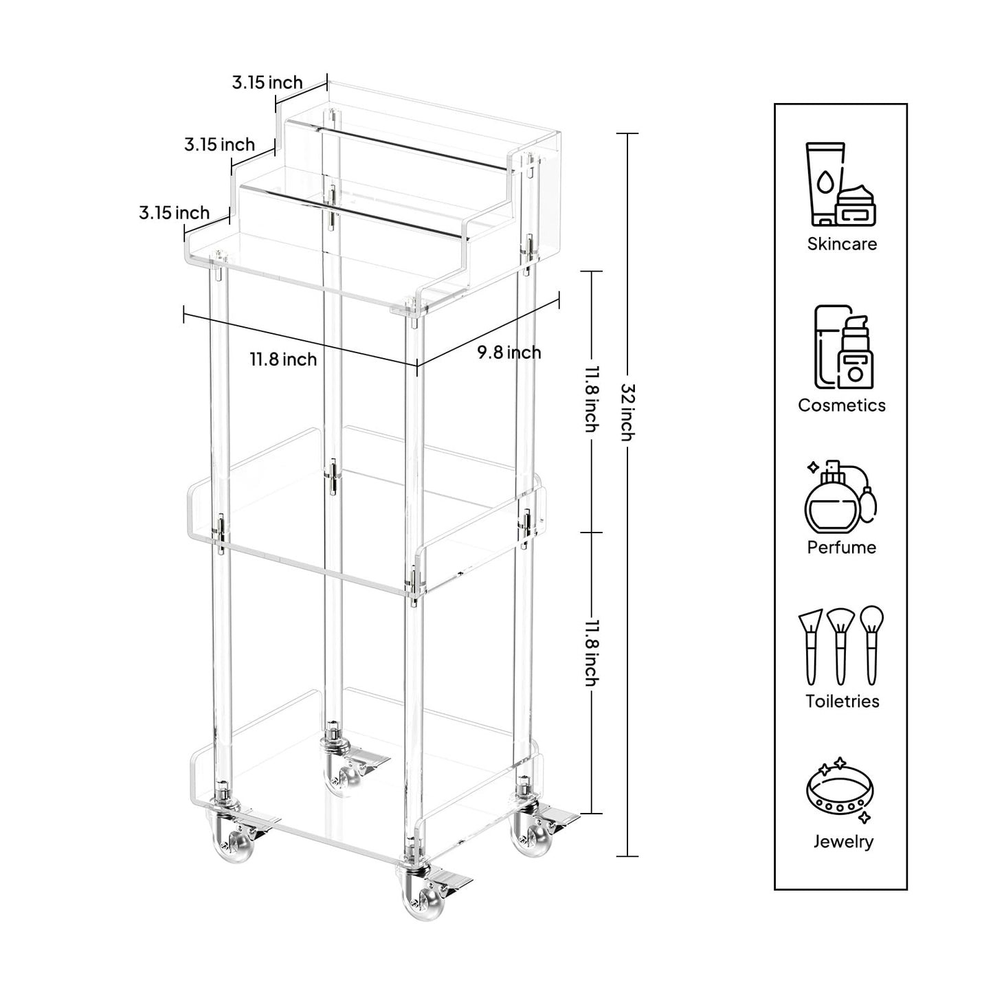 Aquiver Acrylic Makeup Storage Cart, Cosmetic Display Case Vanity Cart