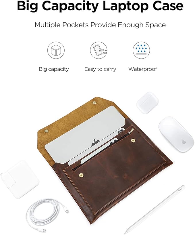 Top Grain Leather 16.2" Laptop Bag, Magnetic Snap Button Design & 3 Pockets, Compatible with MacBook Pro 16.2" A2485 M1 Max 15" Touch Bar A2141 A1707 Pro 16" Touch ID A1990, Coffee 16.2 Inch
