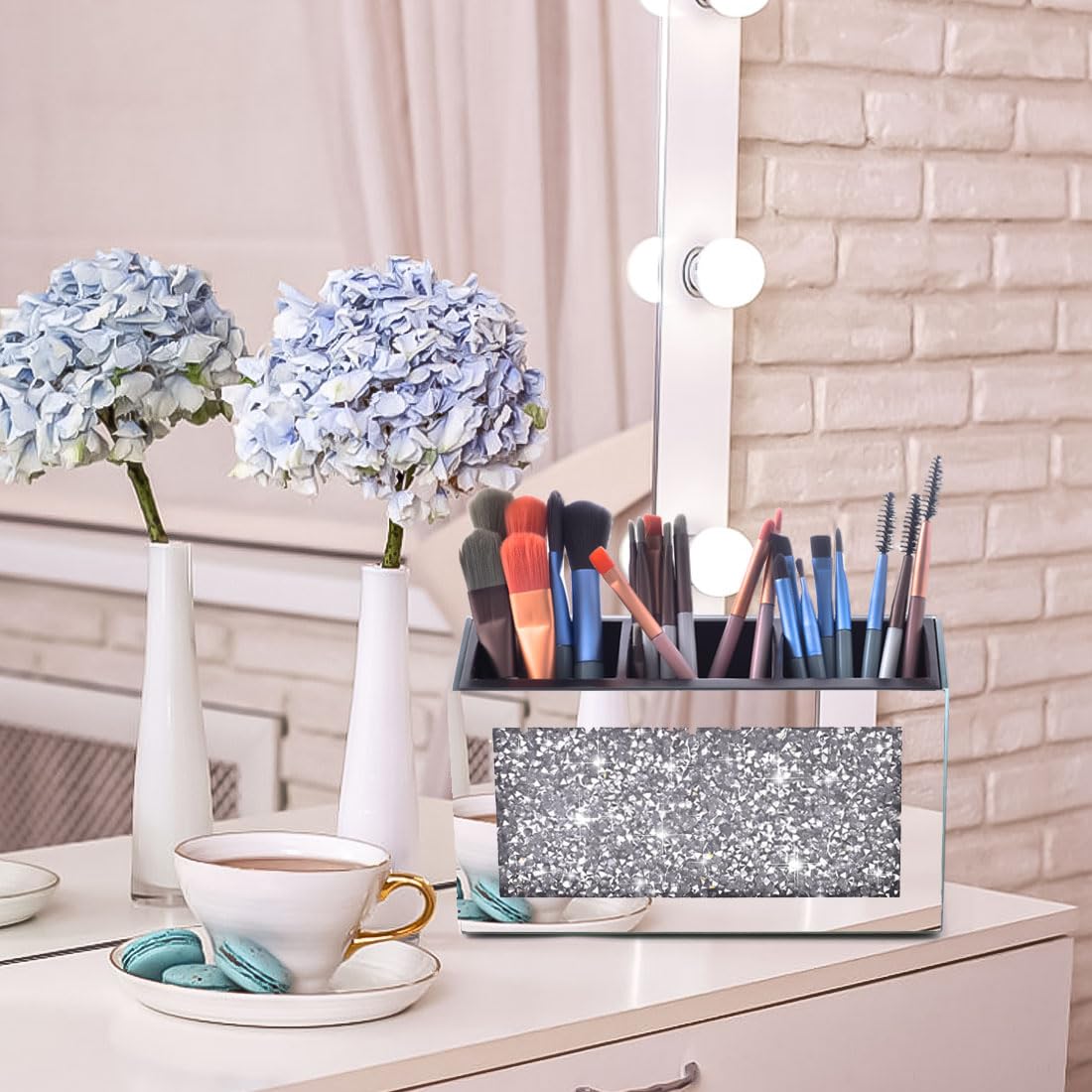 Amezey Crystal Crushed Diamond Silver Makeup Brush Holder Organizer, 3 Slot Mirrored Cosmetics Brushes Storage Case, Cute Pen and Pencil Glass Holder, Eyeliners Display Case