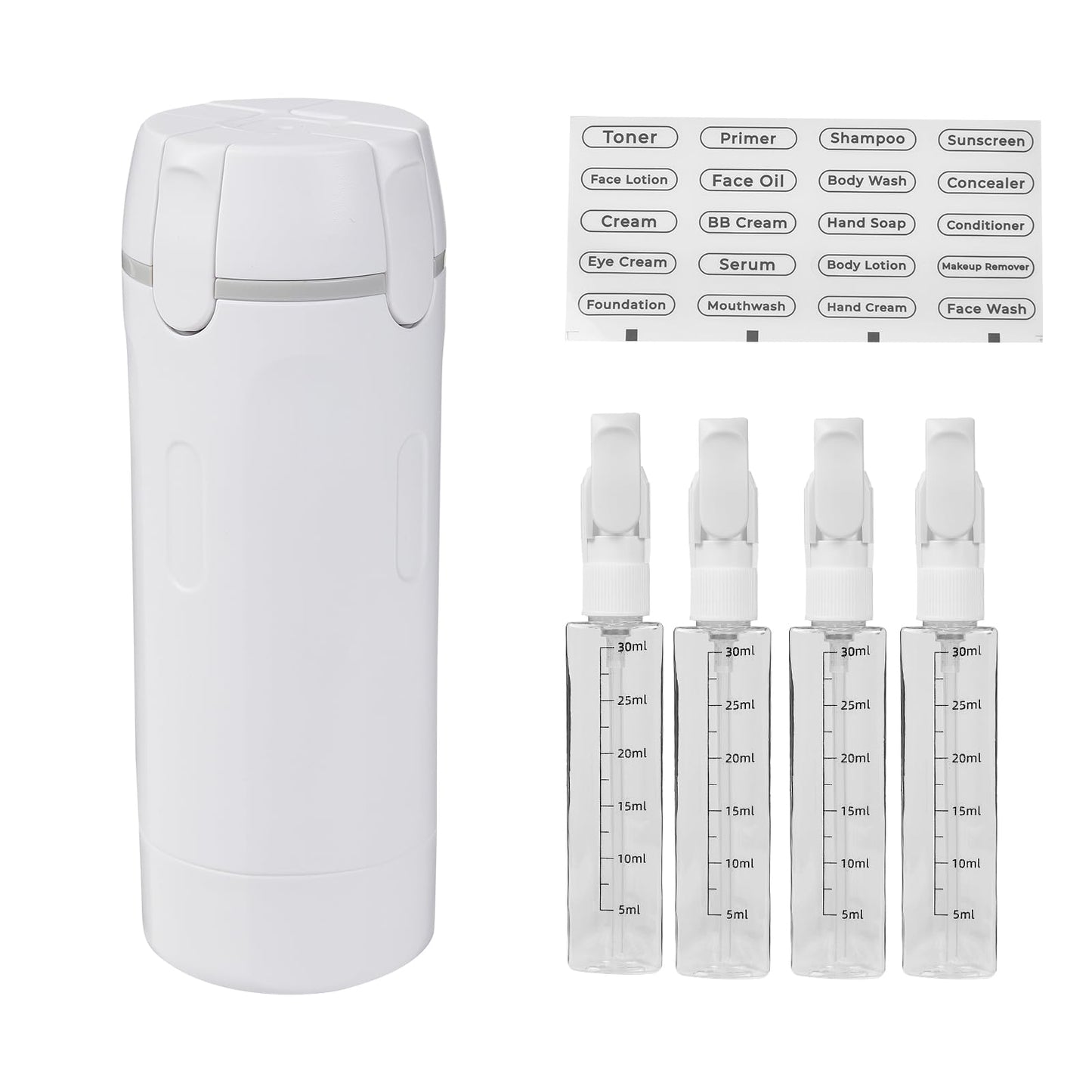 4 in 1 Travel Dispenser Bottle - Refillable Leak Proof and Portable for Shampoo, Conditioner, Shower Gel & Toiletries - Perfect for Vacation, Camping & Gym. (White+Green)