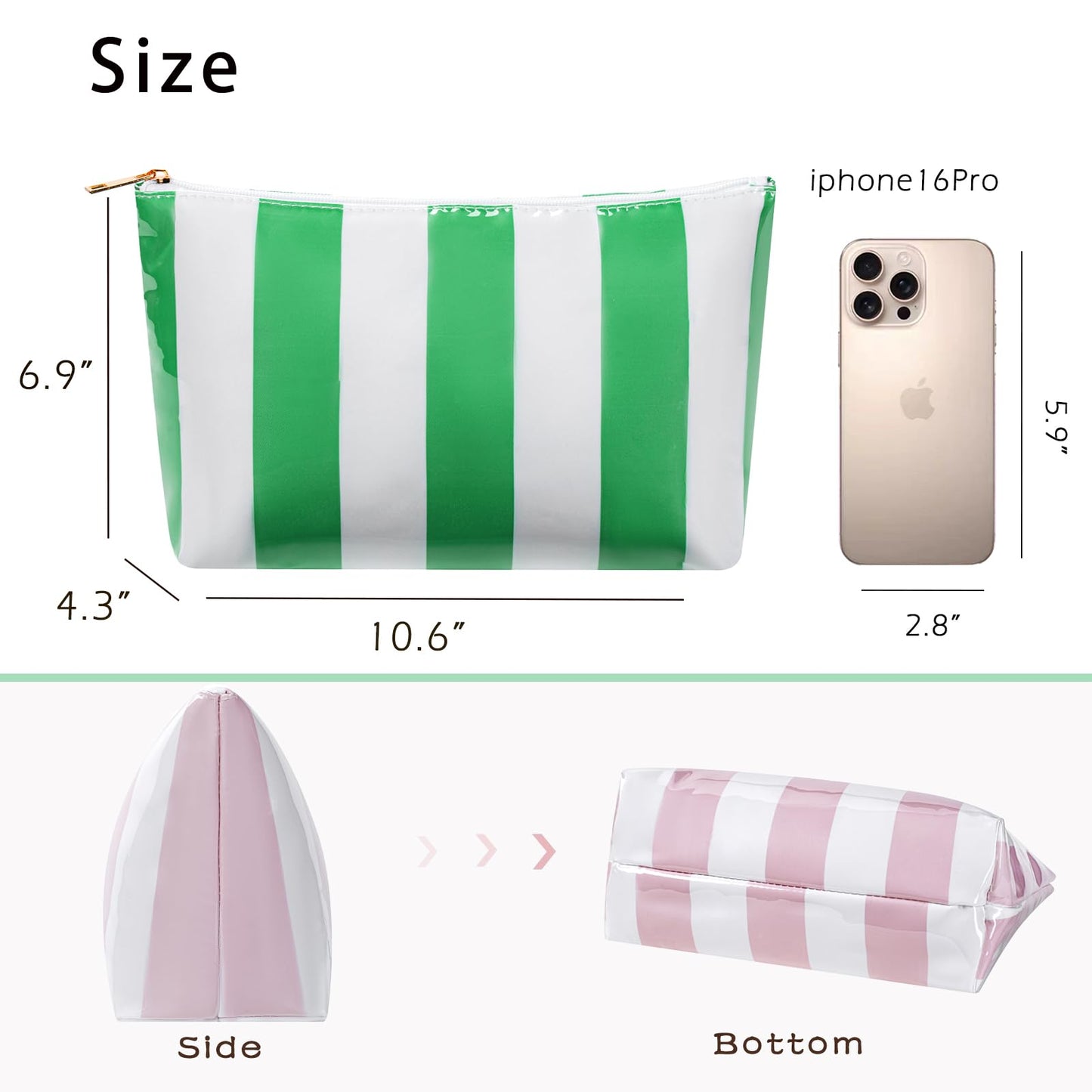 Large PVC Waterproof Striped Makeup Bag,Clear Coated Cosmetic Bags,Easy to Clean,Travel Organizer Zipper Pouch Beach Vacation Essentials for Women Girls(03Green)
