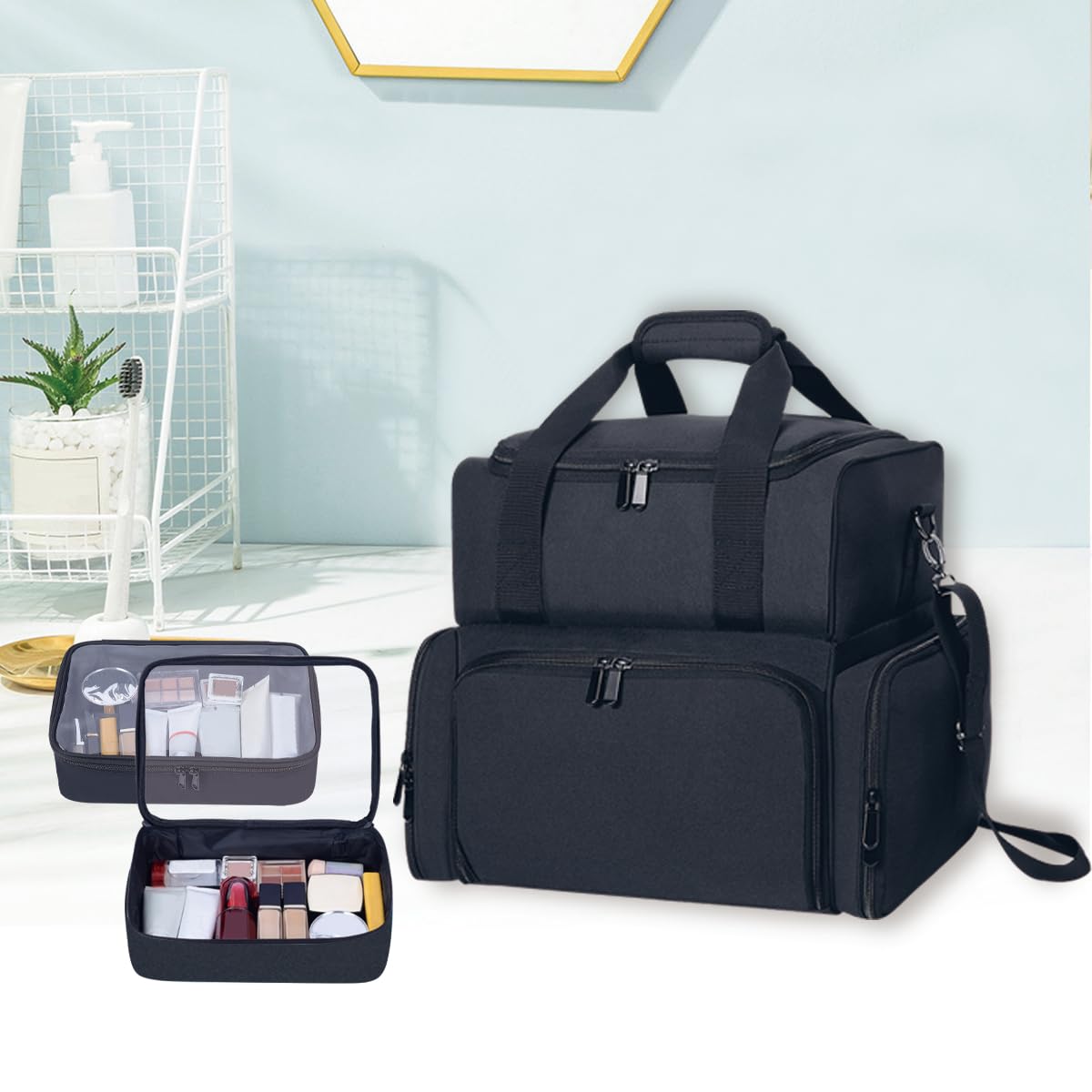 BODMZUANHO Large Makeup Bag with 2 Removable Case Cosmetic,Black