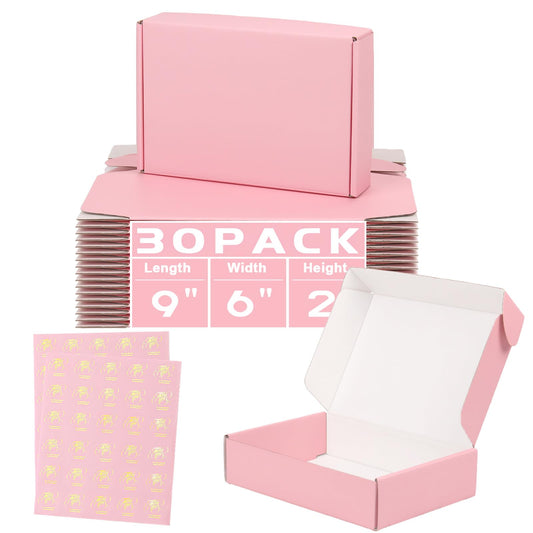 DERZIFUN 30 Pack 9x6x2 Inch Corrugated Shipping Boxes Small, Pink Shipping Mailing Boxes for Packaging, Recyclable Cardboard Box Mailers Small Business