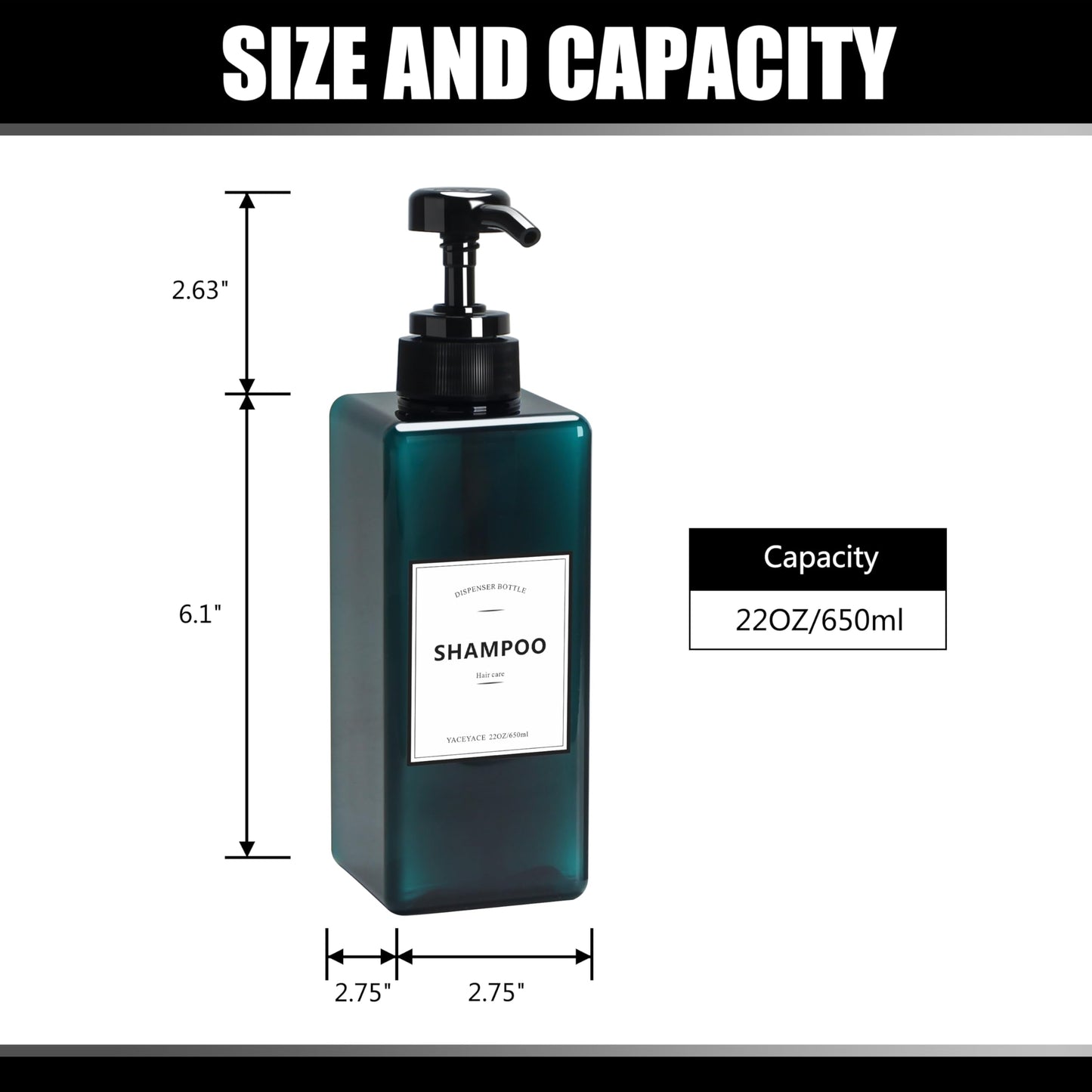 YACEYACE Large Shower Bottles with Pump, 22oz Set of 3 Shampoo Dispenser Bottles, Refillable Shampoo Dispenser Bottles for Travel, Bathroom, Kitchen