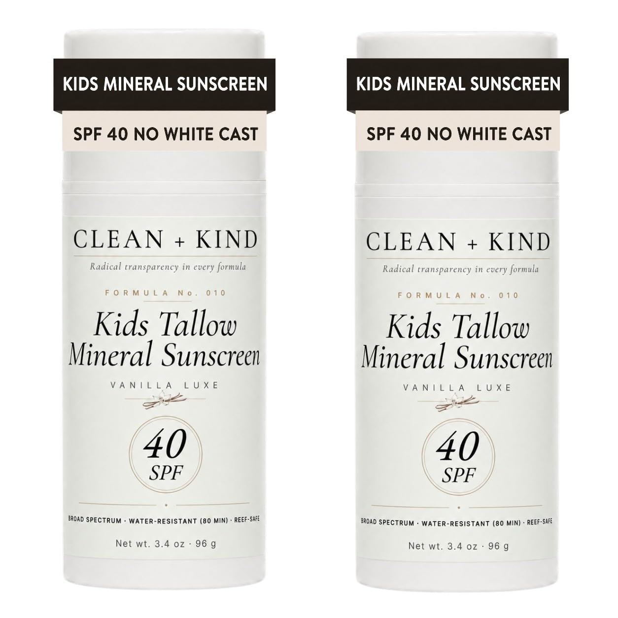 Clean + Kind Kids Sunscreen Mineral SPF 40 Twin Pack — Non Toxic Baby & Toddler Sunblock Bundle with Non-Nano Zinc Oxide, Grass-Fed Tallow, Natural Reef-Safe Sun Lotion, No White Cast (Two 3.4 oz)