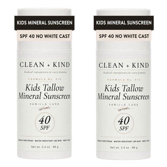 Clean + Kind Kids Sunscreen Mineral SPF 40 Twin Pack — Non Toxic Baby & Toddler Sunblock Bundle with Non-Nano Zinc Oxide, Grass-Fed Tallow, Natural Reef-Safe Sun Lotion, No White Cast (Two 3.4 oz)