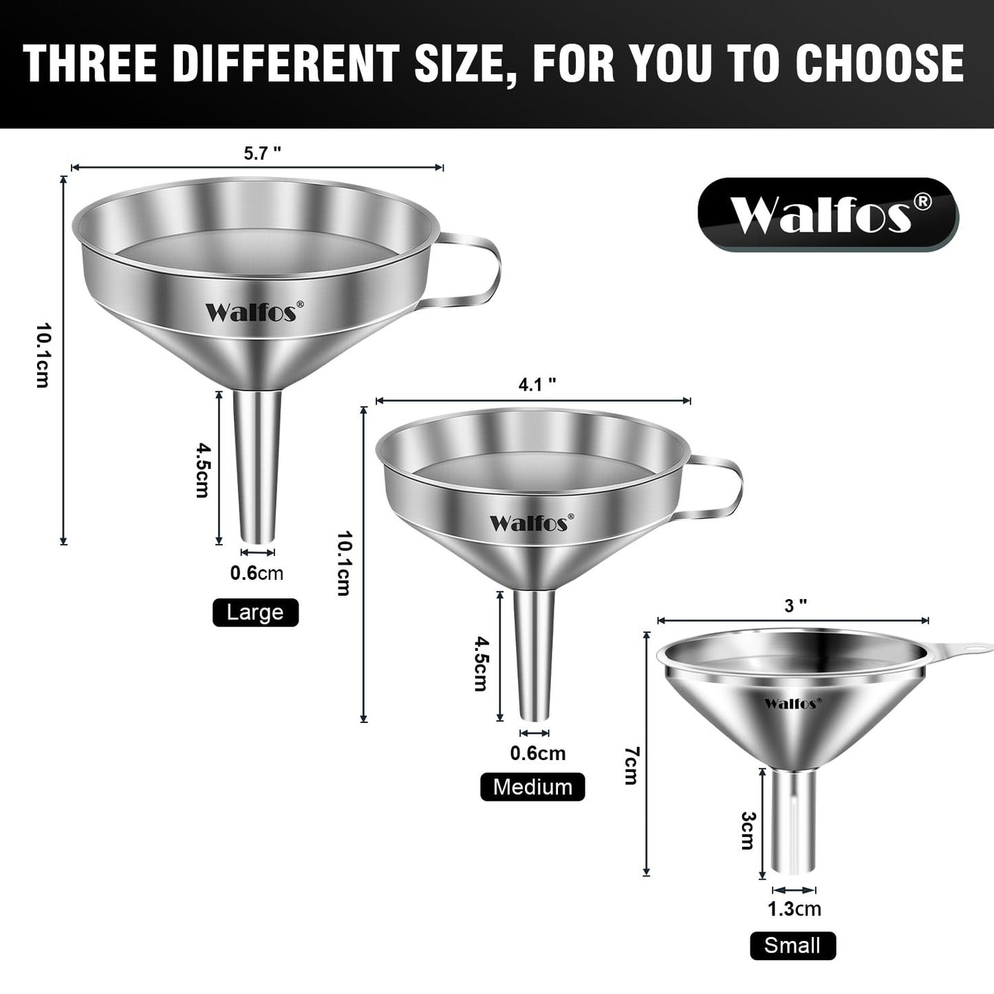 Stainless Steel Funnel, Walfos 3 Different Sizes of Kitchen funnels with 2 Removable Strainer ＆ 1Pcs Cleaning Brush, for Transferring of Liquid, Oils, Jam, Powder