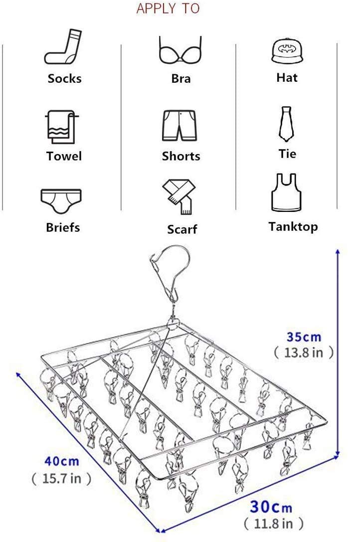 Stainless Steel Sock Drying Rack with 36 Clips, Swivel Hook Wind-Proof Clothes Hanger Rack for Sock, Bras, Underwear, Laundry Accessories