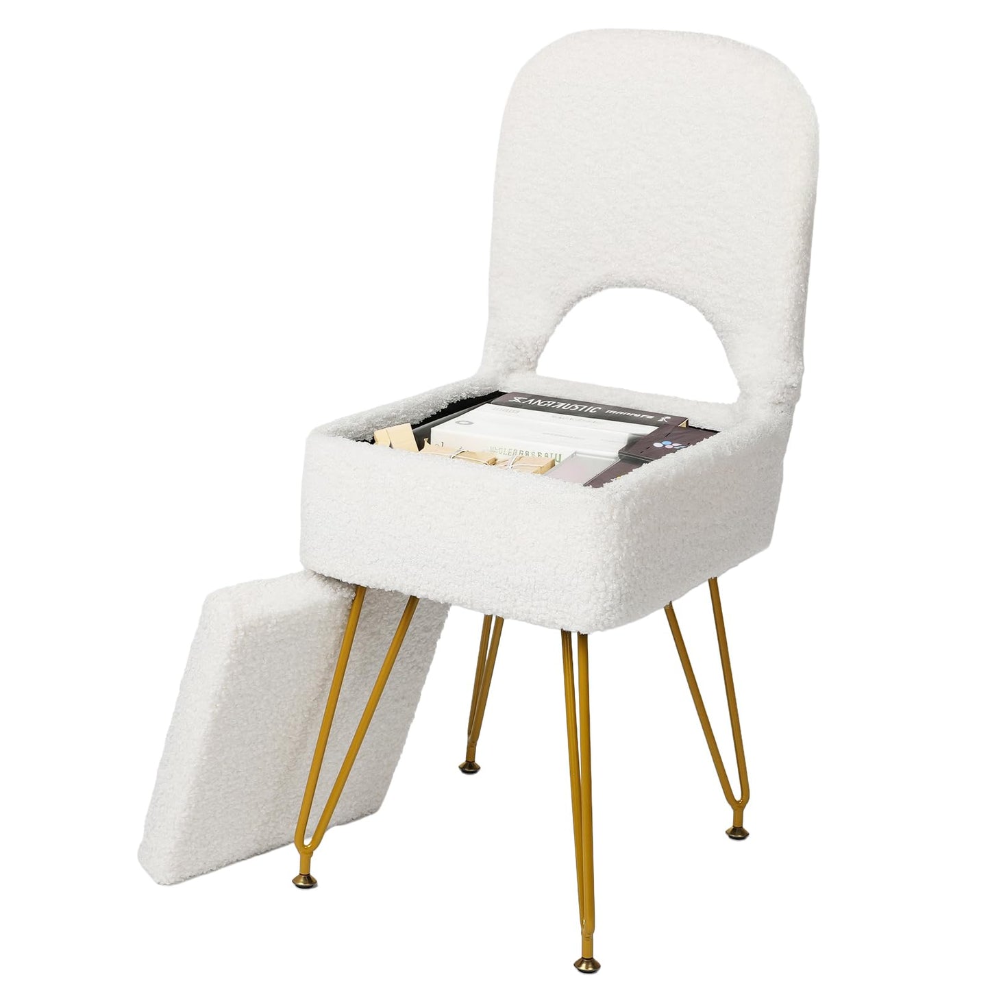 mapleway Small Vanity Stool Chair with Storage and Adjustable Folding Back 12.6" x 13.8" x 29.9" Alpaca Fur Soft Ottoman 4 Metal Legs with Anti-Slip Feet Furry Padded Seat for Makeup, Bedroom, White