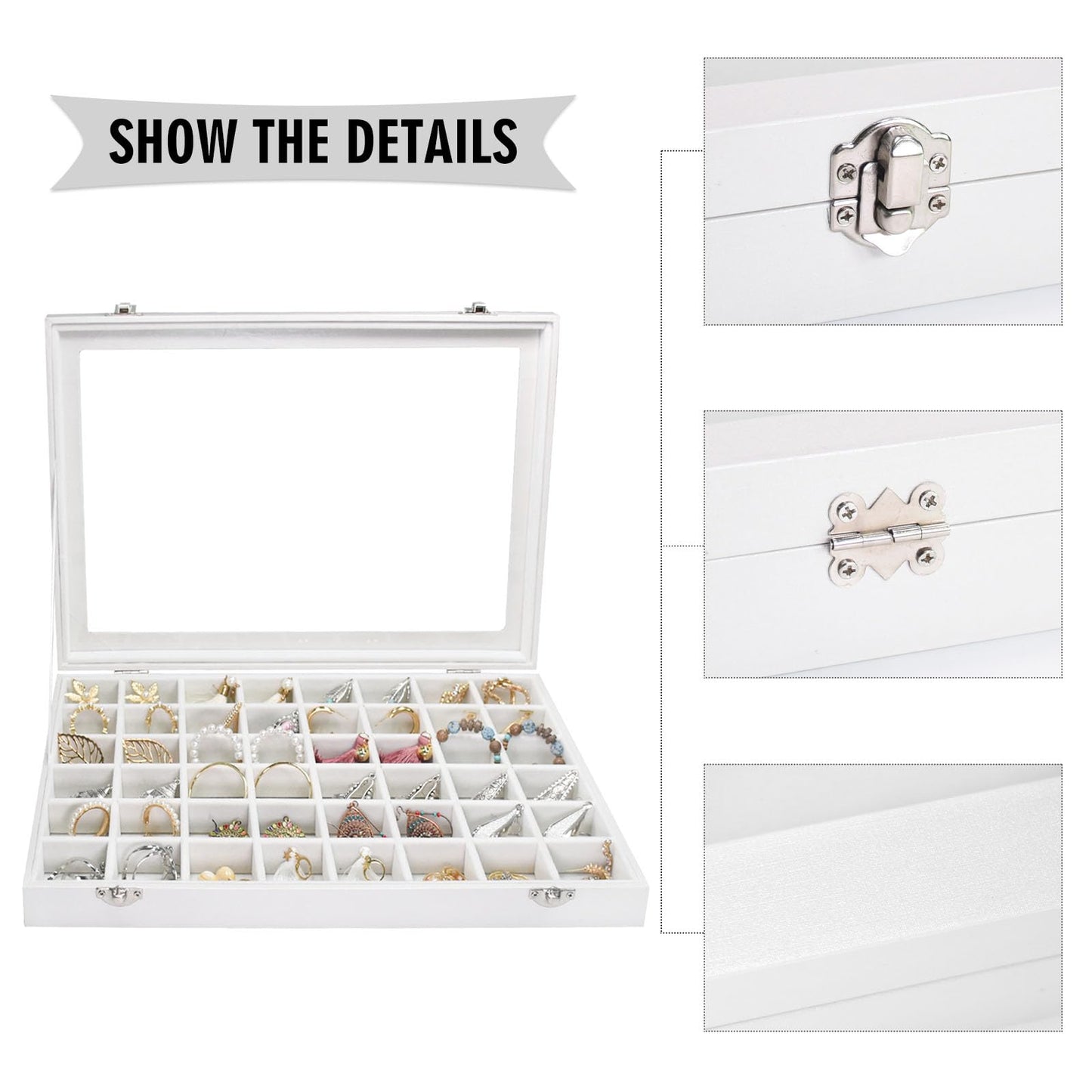 Siveit Jewelry Tray Organizer Box 48 Grid Jewelry Display Organizer Box with Transparent Lid Rings Earrings Necklaces Pendants Display Box Suitable for Women and Girls (48 Grid, White)
