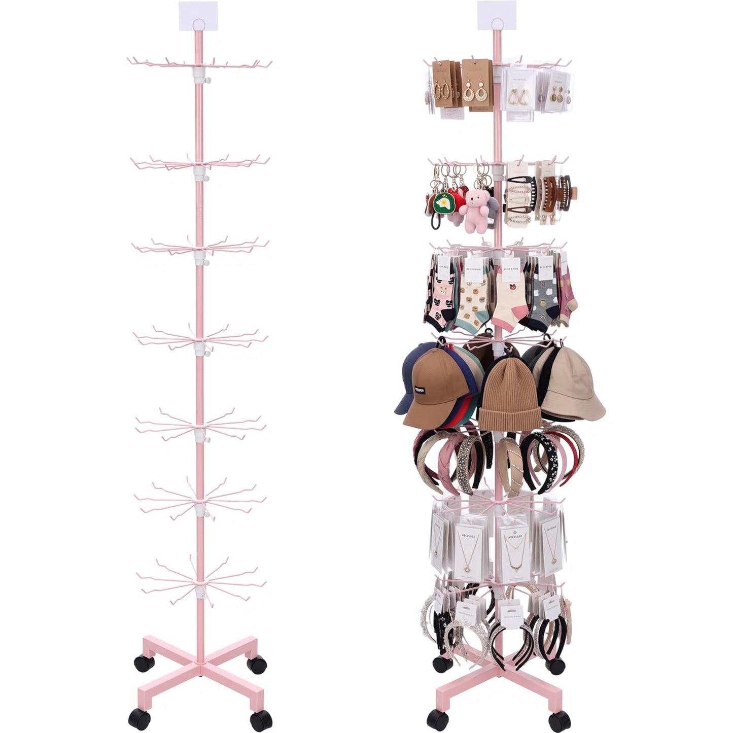 Ripeng 1 Pcs 7-Tier Rotating Retail Display Stand Display Rack for Earring Keychains Jewelry Vendor Events and Stores Movable Adjustable Shop Spinner Pink Ornament Holder