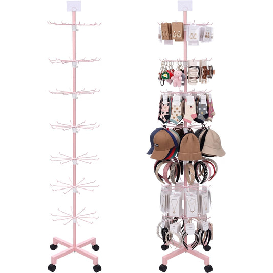Ripeng 1 Pcs 7-Tier Rotating Retail Display Stand Display Rack for Earring Keychains Jewelry Vendor Events and Stores Movable Adjustable Shop Spinner Pink Ornament Holder