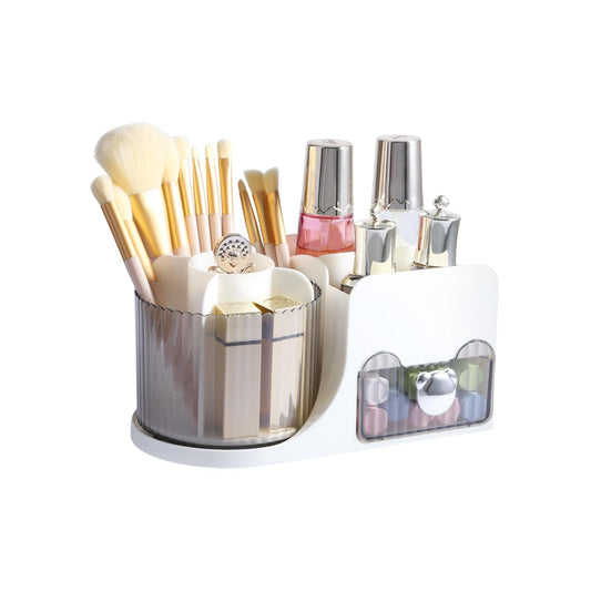 DASITON Makeup Organizer with Drawer, 360° Rotating Makeup Brush Holder, Makeup and Skincare Storage Box, Make Up Organizers for Vantiy, Desktop, Bathroom Countertop, Cosmetic Display Case (White)