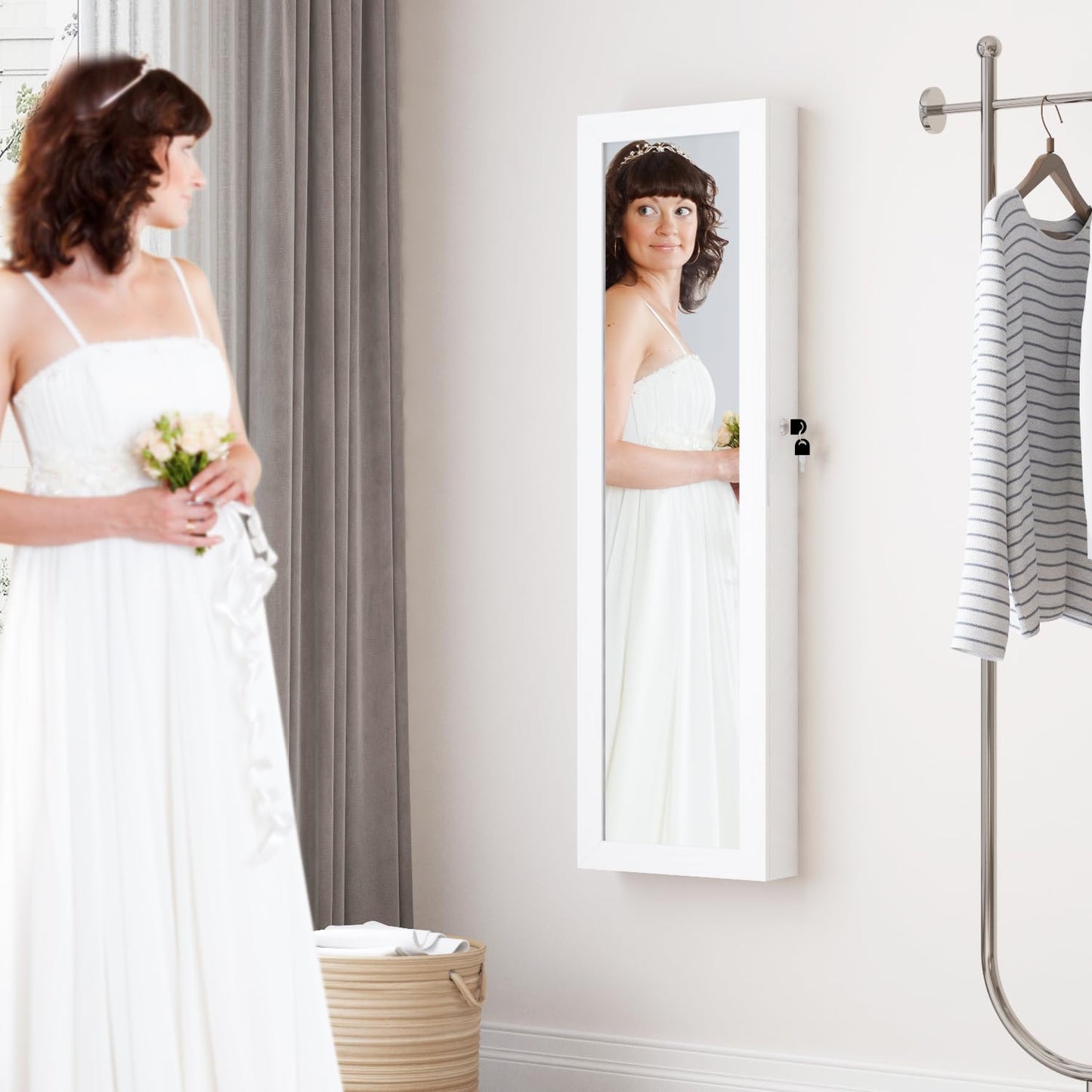 MASMIRE Full Length Mirror Jewelry Cabinet Organizer Lockable Door Wall-Mounted Jewelry Armoire with Shelves and Behind-the-Door Storage - White