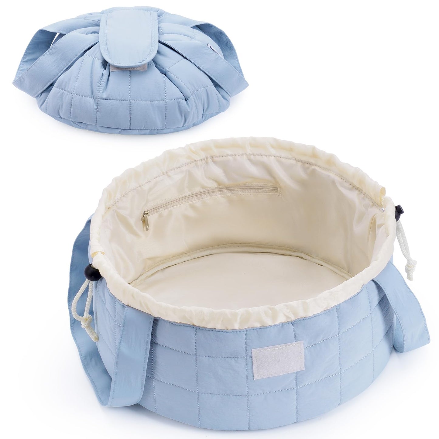 Narwey Lay Flat Open Drawstring Puffer Makeup Bag, Large Quilted Cosmetic Bag for Women Girls, Cute Make up Bags with Handle, Travel Toiletry Bag for Skincare, Brushes & Travel Essentials (Blue)
