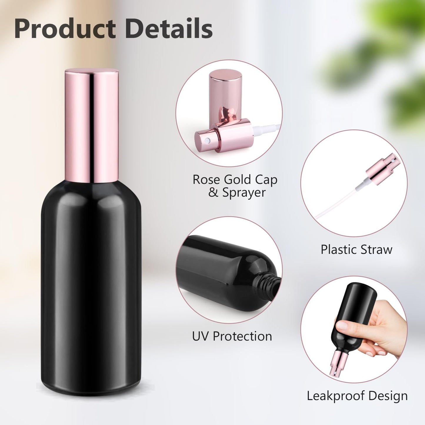 6 Pack 100ml/3.4oz Glass Spray Bottles Empty Perfume Atomizer Liquid Container with Fine Mist Sprayer & Rose Gold Cap for Essential Oil Perfume Travel (1 Pipette+1 Funnel)