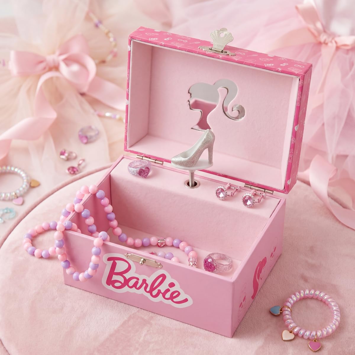 Mini Treasures Barbie Storage Organizer for Accessories Musical Jewelry Box with Spinning Figurine, Barbie Toys for Girls Ages 3-5