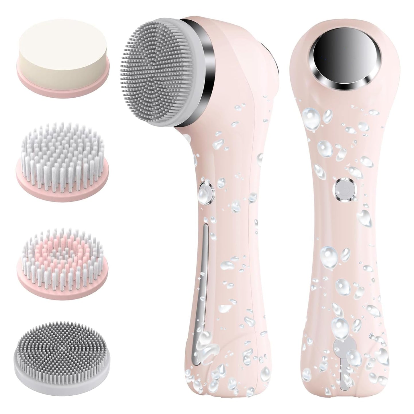 Facial Cleansing Brush, 2 in 1 Ｗaterproof IPx7 Facial Spin Scrubber Set with 4 Brush Heads, Rechargeable Exfoliating Face Brush Deep Cleansing, Gently Exfoliate and Remove Blackhead (Pink)