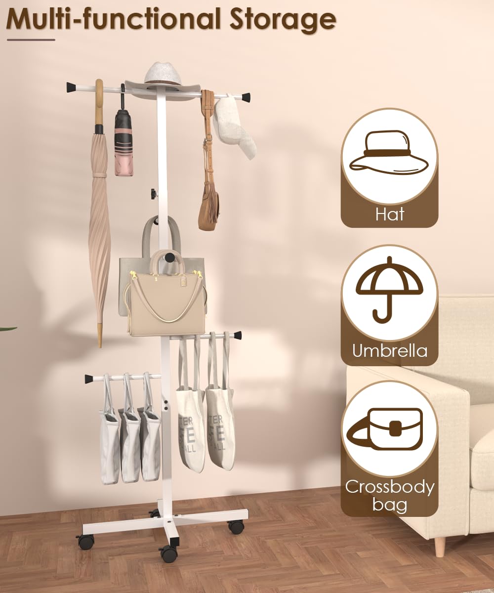 Ansionsol 60-66 Inch Adjustable Shopping Bag Rack with Wheel, Heavy Duty Metal T-shaped Grocery Bag Holder for Retail Stores, Large Bag Display Stand for Malls,Vendor,Boutique,Trade Show, 6 Arms,White