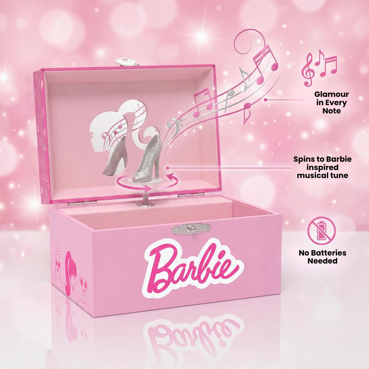 Mini Treasures Barbie Storage Organizer for Accessories Musical Jewelry Box with Spinning Figurine, Barbie Toys for Girls Ages 3-5