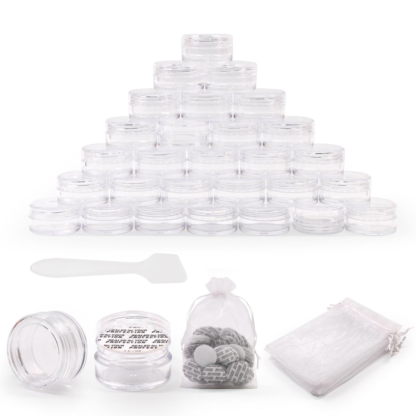 SumDirect 100Pcs 5G/5ML Clear Plastic Cosmetic Containers with Lids, Sample Jars, Makeup Sample Containers for Cream Lotion with a Scoop and 10 Pcs Organza Bags