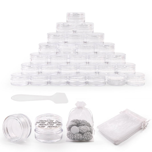 SumDirect 100Pcs 5G/5ML Clear Plastic Cosmetic Containers with Lids, Sample Jars, Makeup Sample Containers for Cream Lotion with a Scoop and 10 Pcs Organza Bags