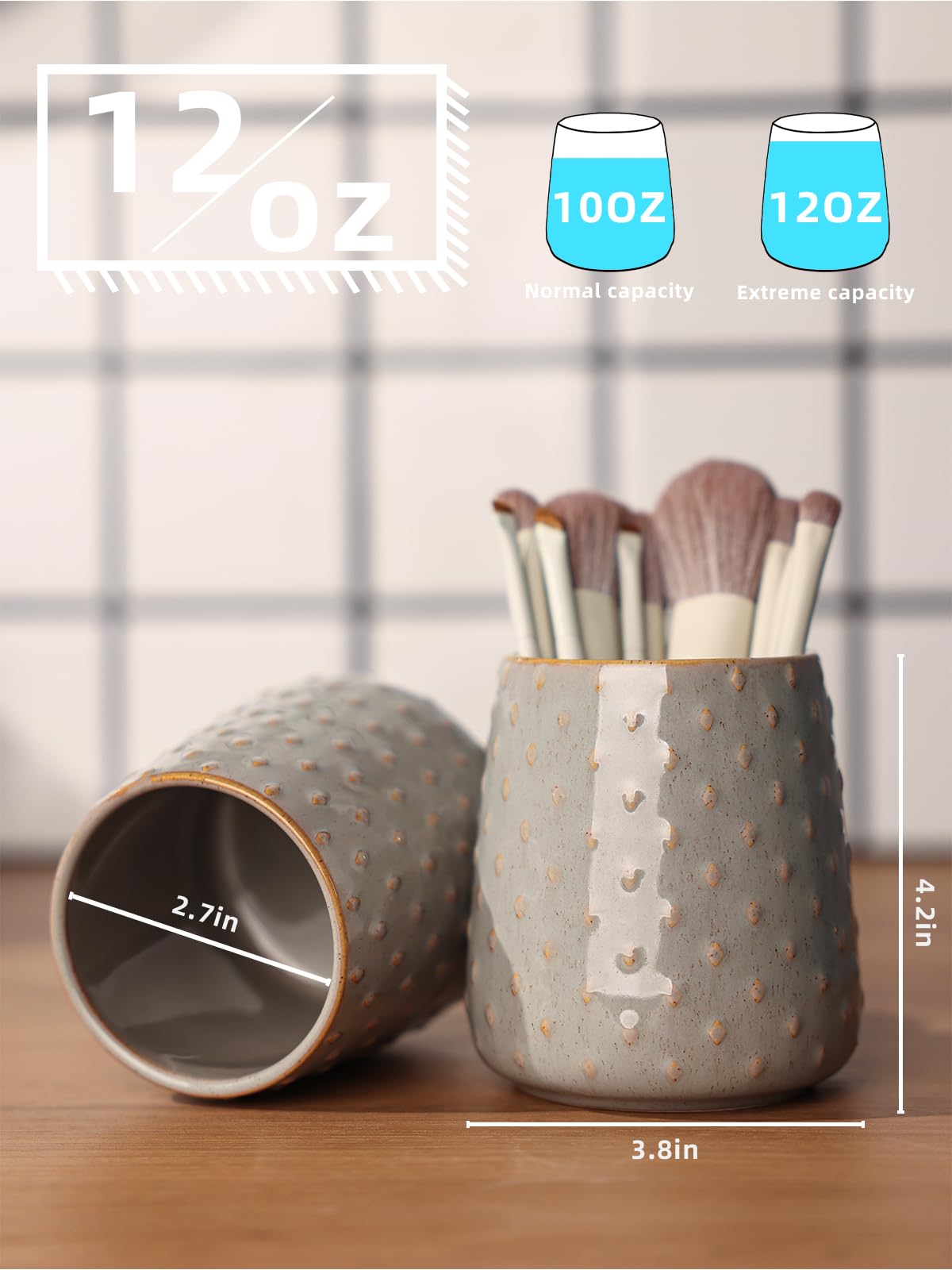 QUXIJA Ceramic Makeup Brush Holders Bathroom Vanity, Brushes Cup (Vintage Grey)