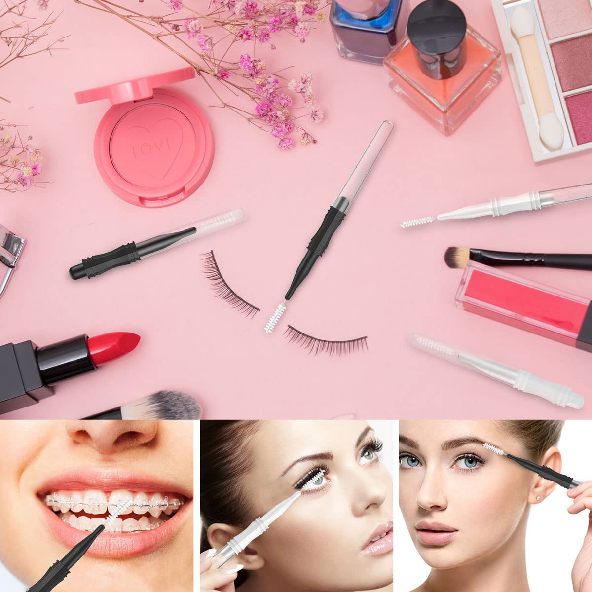 200 Pcs Micro Eyebrow Brushes With Cap, Multifunctional Eyebrow Spoolie Brush Brow Lamination Brush 2 Size Micro Spooly Lash Mascara Brushes Comb for Eyelash Lift Extensions Brow Clean(White, Black)