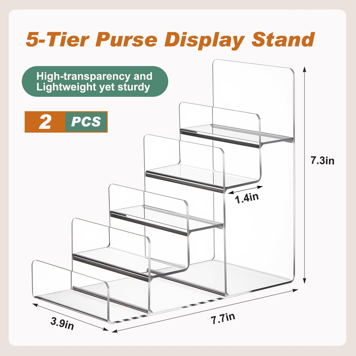 Kathfly 2 Pack 5-tier Acrylic Display Stand for Purses & Wallets, Clear Riser Organizer Shelf for Perfume, Sunglasses, Cosmetics, Tiered Countertop Vendor Display for Fairs, Retail