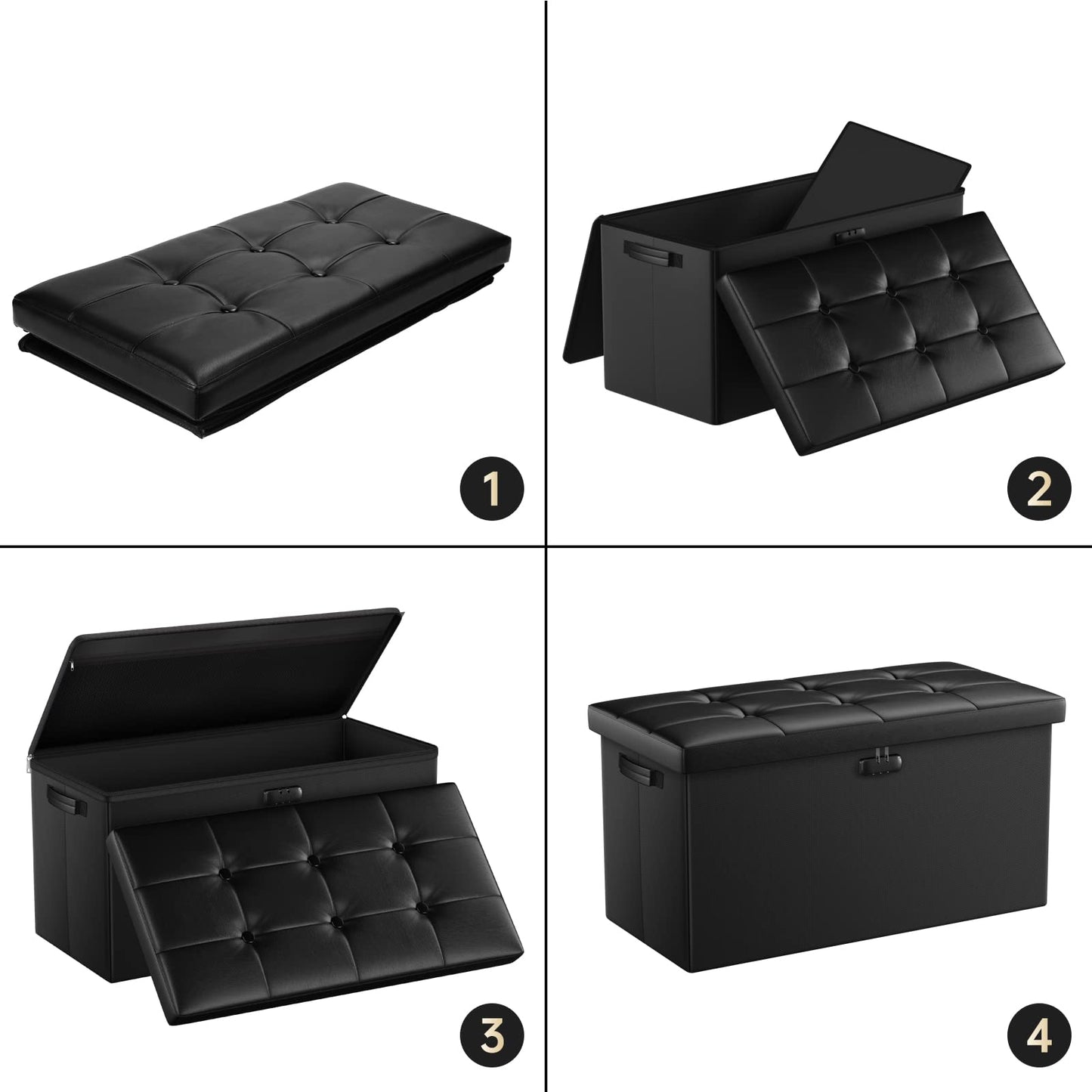 ENGPOW Storage Ottoman Bench,Fireproof Folding Bench with Lock,30 Inches Fire＆Water Resistant Storage Chest Foot Rest Stool Leather Bedroom Bench with Storage Safe for Document,Valuables,Black