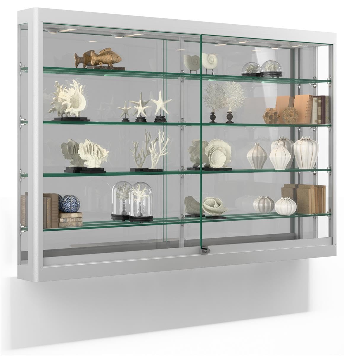 Displays2Go Glass Wall Display Cabinet with LED Lights, 60" Aluminum Retail Showcase with Adjustable Shelves, Wall‑Mounted – Silver (WC606LEDS)
