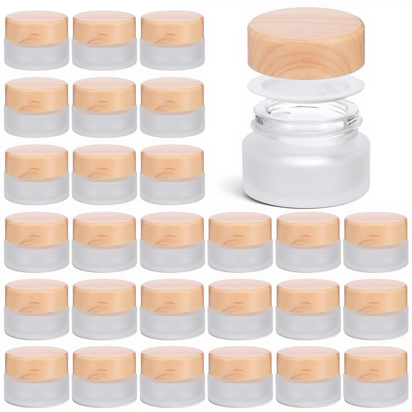 COMNICO 32 Pcs Glass Cosmetic Containers with lids, 5 Grams/5 ML Round Frosted Cosmetic Jars Empty Sample Refillable Travel Jars for Makeup Lip Scrub Lotion Balm
