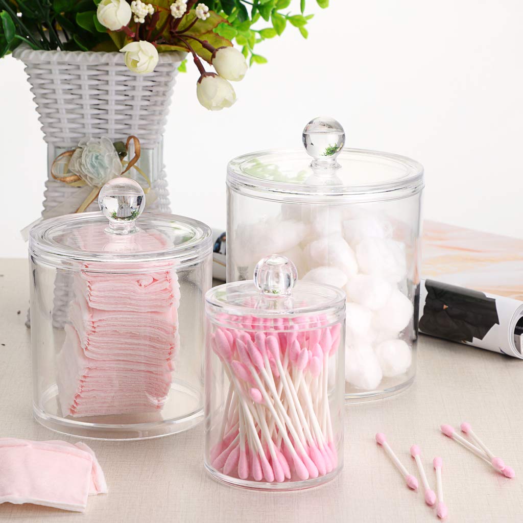 Hipiwe Set of 3 Cotton Ball and Swab Organizer With Lid - Apothecary Acrylic Jar Makeup Organizer, Q-Tips Holder, Bathroom Vanity Storage Canister for Rounds and Pads