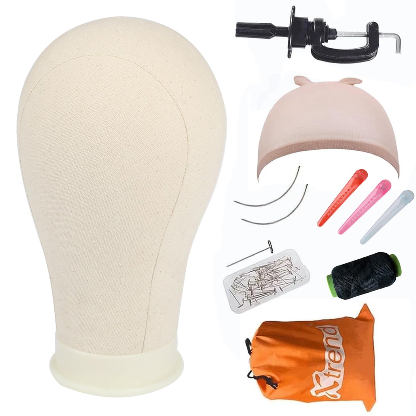 XTREND 21"-24'' Poly Canvas Block Head for Making Head Weft/Wig/Hair Extension Making Display Styling Mannequin Head with Stand Set Manikin Canvas Head Hair Accessories