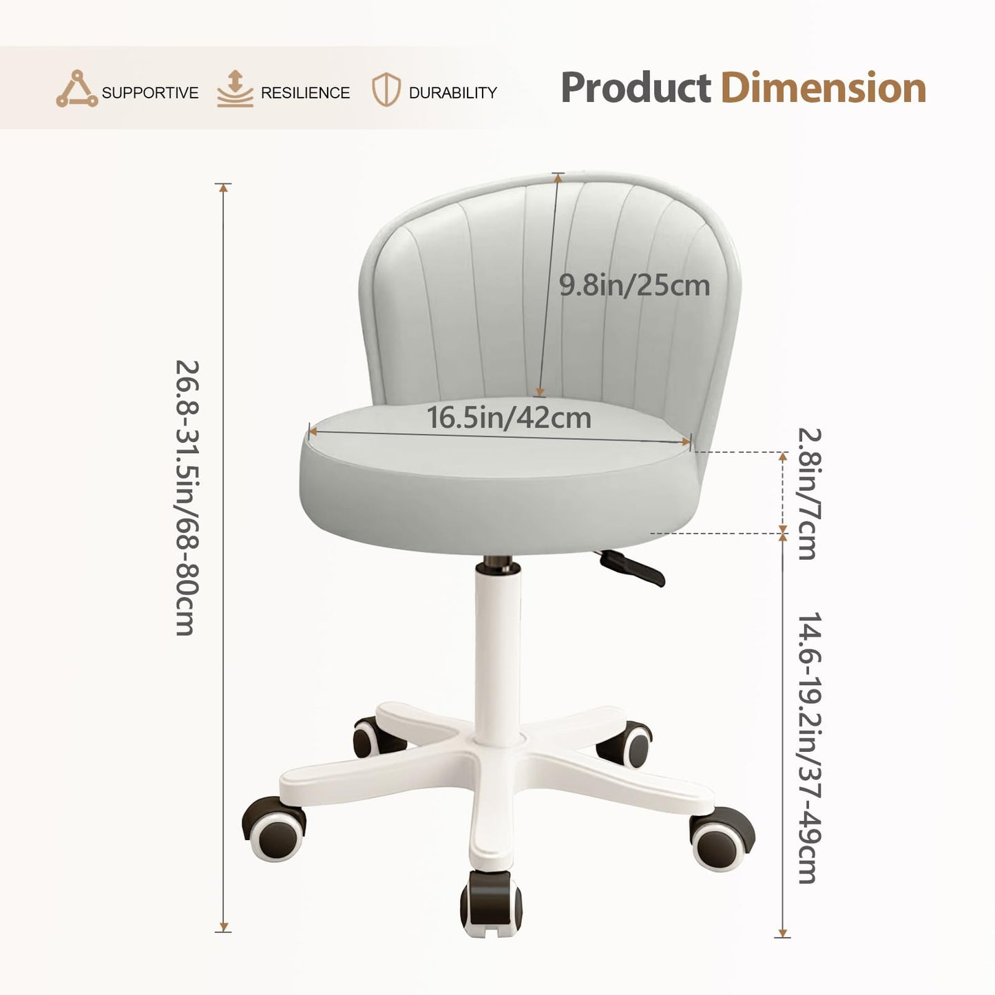 WXJHL Small Round Rolling Desk Chair Armless Comfy Vanity Computer Chair Height Adjustable Swivel Work Spa Chair