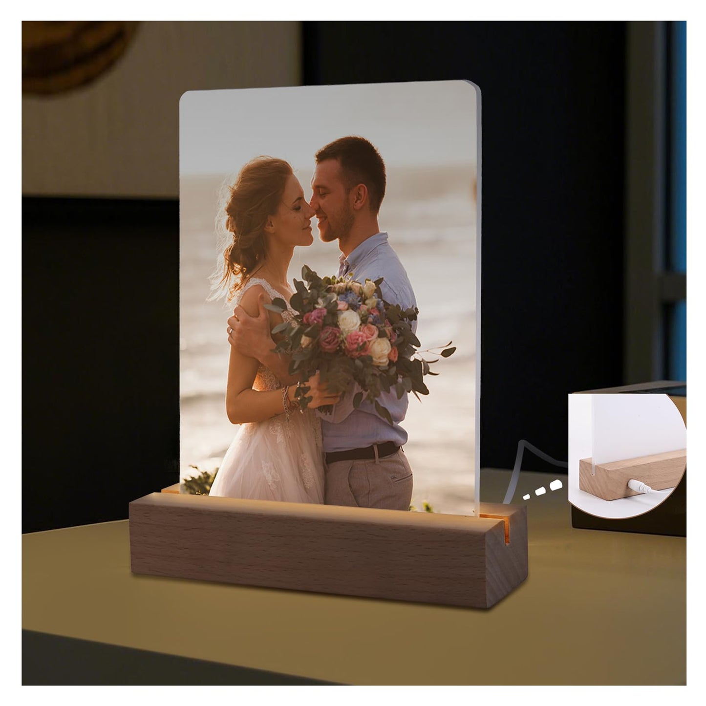 Ahniiqo 4 Pack 5" x 7" Sublimation led Acrylic Photo Frames Night Lights Blanks Heart Shape,with Warm Color Light with Wood Stand for Heat Press Machine Printing