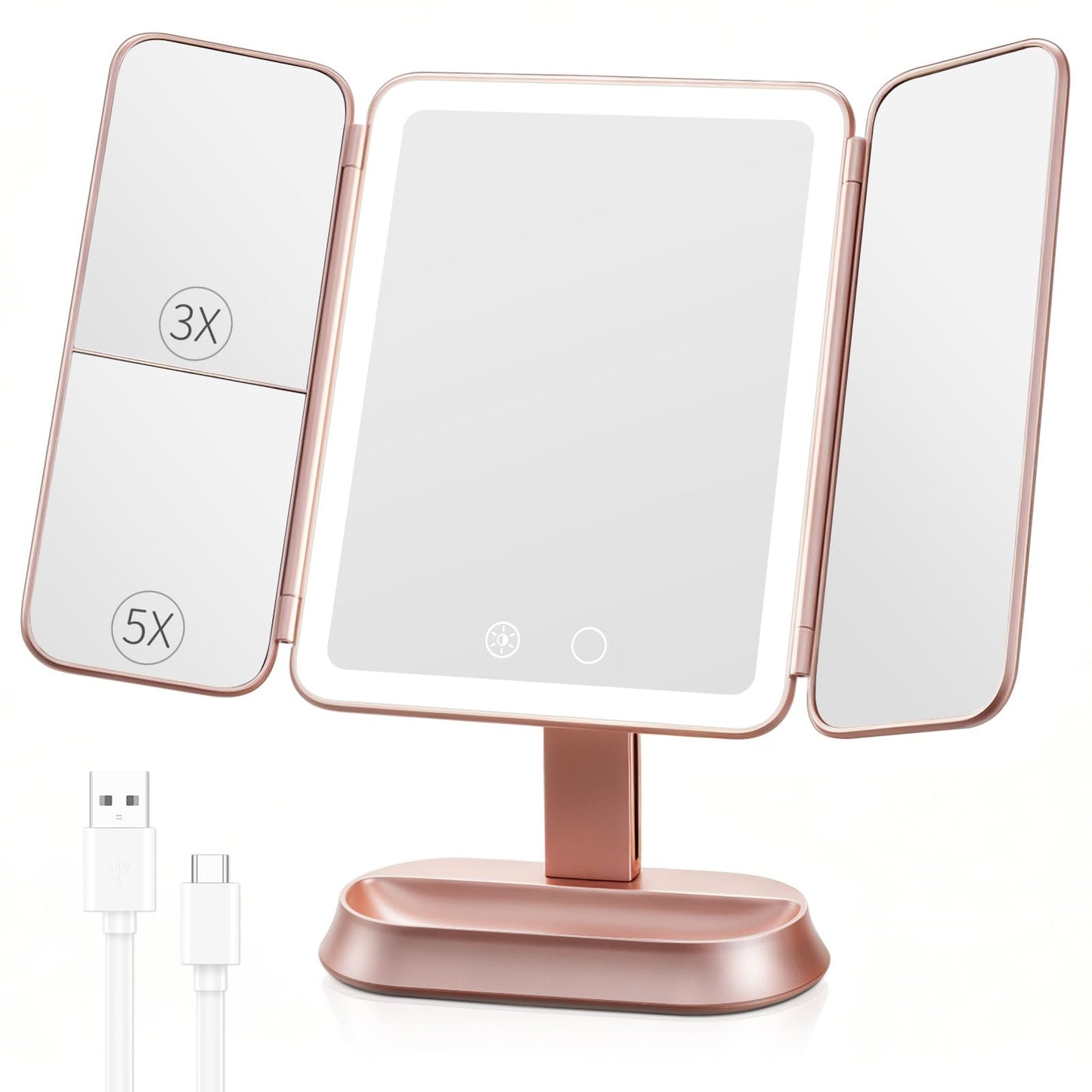 FRANO Lighted Makeup Mirror with 1X/3X/5X Magnification, Elegant Rose Gold Trifold Vanity Mirror, Smart Touch & Sensor, 3 Lighting Modes, Rechargeable Portable Mirror for Gift - Rose Gold