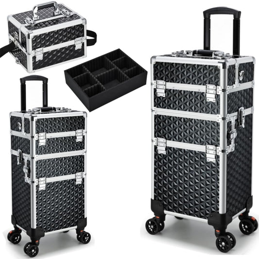 Professional Rolling Makeup Case, 3 in 1 Makeup Train Case, Cosmetology Case on Wheels, Large Makeup Trolley Salon Barber Traveling Trunk Suitcase for Makeup School Nail Tech Hairstylist MUA, Black