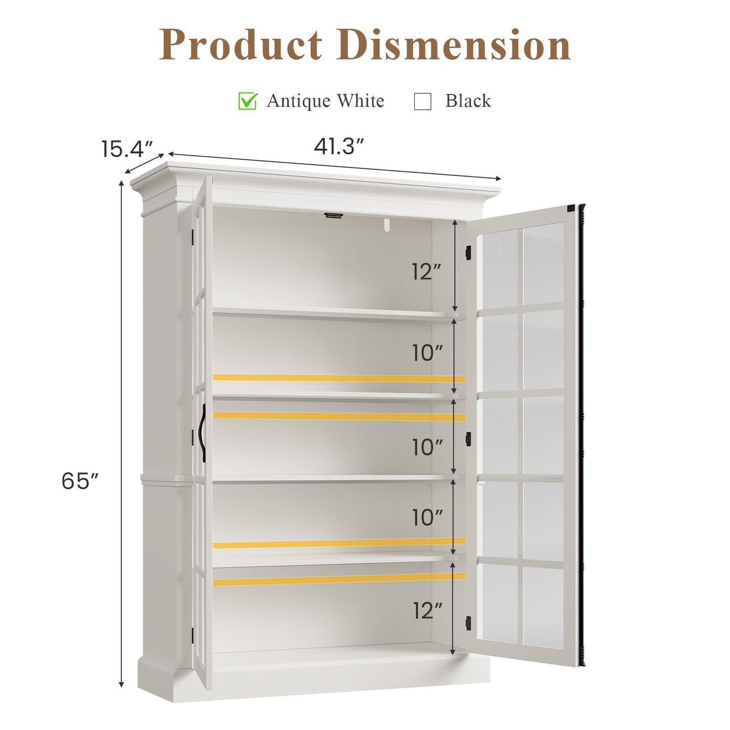 QUW Modern 65" Display Cabinet, 5-Tier Bookcase with Tempered Glass Door, Farmhouse Curio Cabinet with Adjustable Shelves, Tall Storage Cabinet for Office, Kitchen, Living Room, White