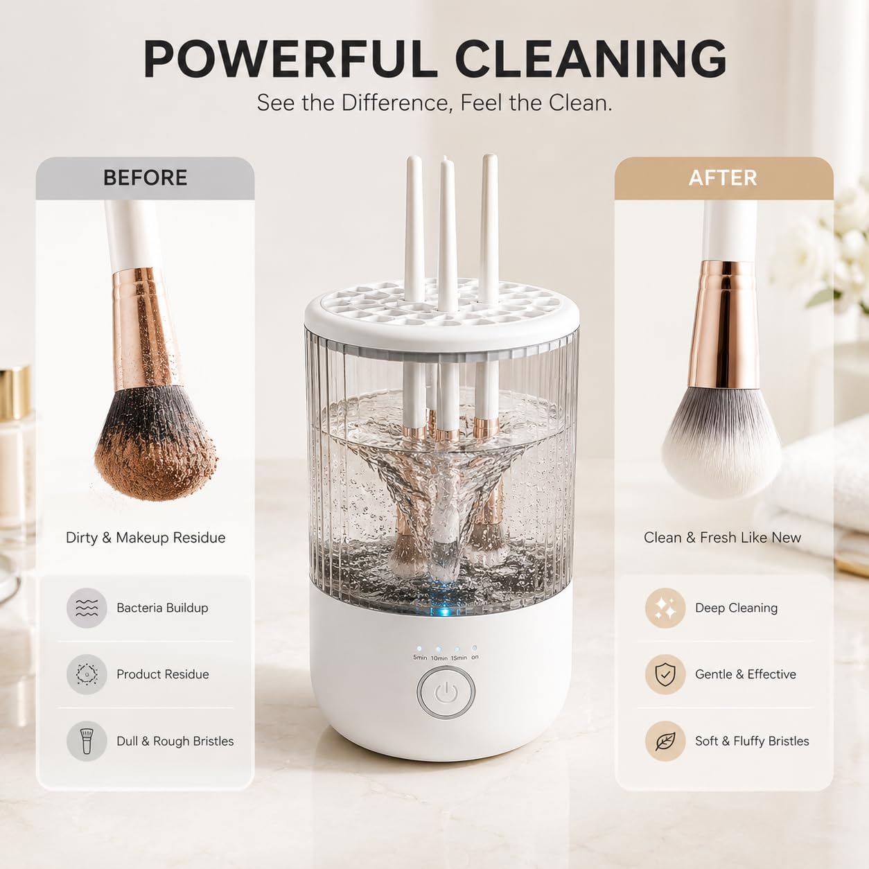 Mottinhill Makeup Brush Cleaner Machine, Automatic Electric Makeup Brush Cleaner with 4 Adjustable Speeds, Deep Cleaning Device, Portable USB Rechargeable (Gery White)