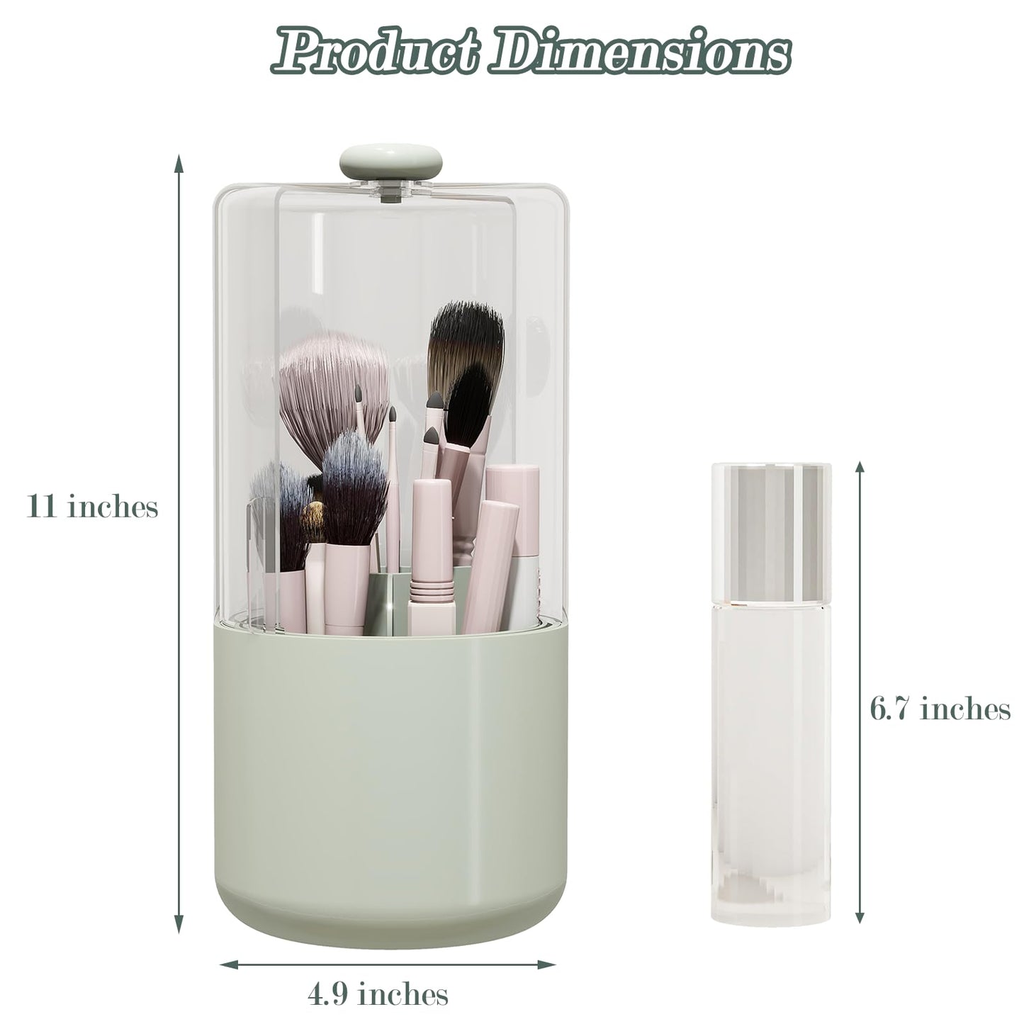 Zufudo Makeup Brush Holder with Dustproof Cover, Clear 360 Rotating Make Up Brushes Organizer for Counter Vanity Bathroom, Sage Green