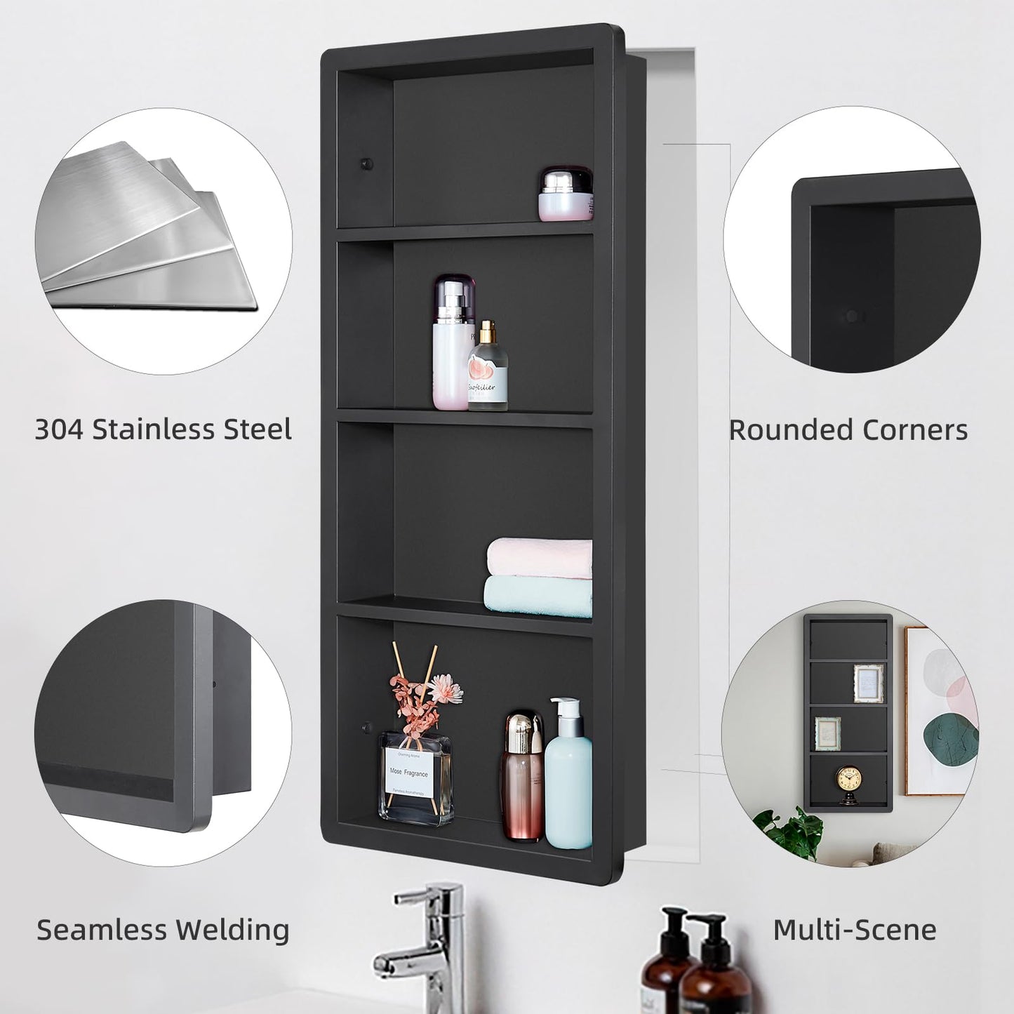 IDYLLOR Recessed Medicine Cabinet, 304 Stainless Steel Wall Niche Shower Shelf for Bathroom, Waterproof Rustproof Storage Organizer, 14" x 34", Matte Black (No Mirror)
