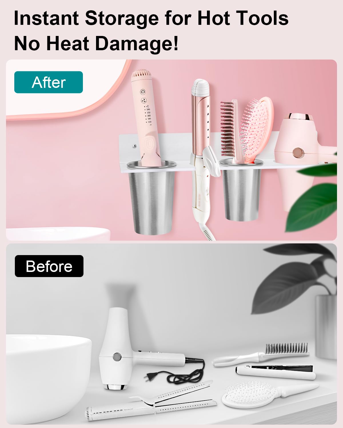 Bollmisde Hair Tool Organizer, Hair Dryer Holder with Heatproof Steel Cups, Acrylic Vanity Organizer for Curling Iron, Flat Iron & Hair Brushes, Perfect for Bathroom (White, Oversized)