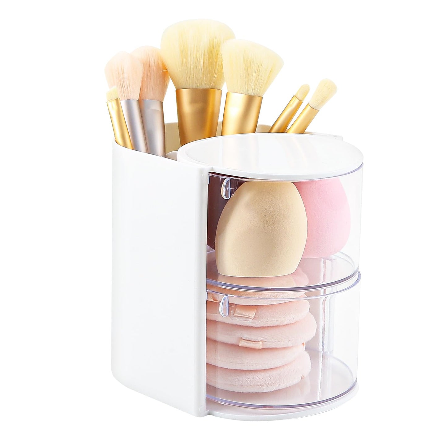 DASITON 2-Layer Makeup Brush Holder with Hair Accessories Organizer, Rotatable Desktop Organizer Case for Hair Clip, Makeup Sponge, Jewelry and Hair Accessories, Hair Brush Holder for Vanity (White)