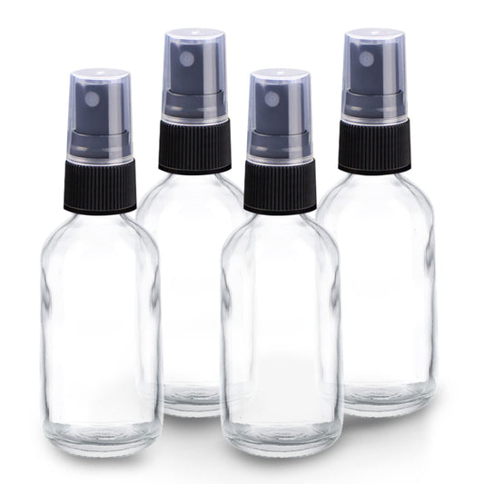 Wedama 4 oz Mini Glass Spray Bottles, Empty Small Spray Bottles with Funnel Dropper, Fine Mist for Hair, Travel, Plants, Cleaning Solutions and Skin Care (4 Pack Clear)