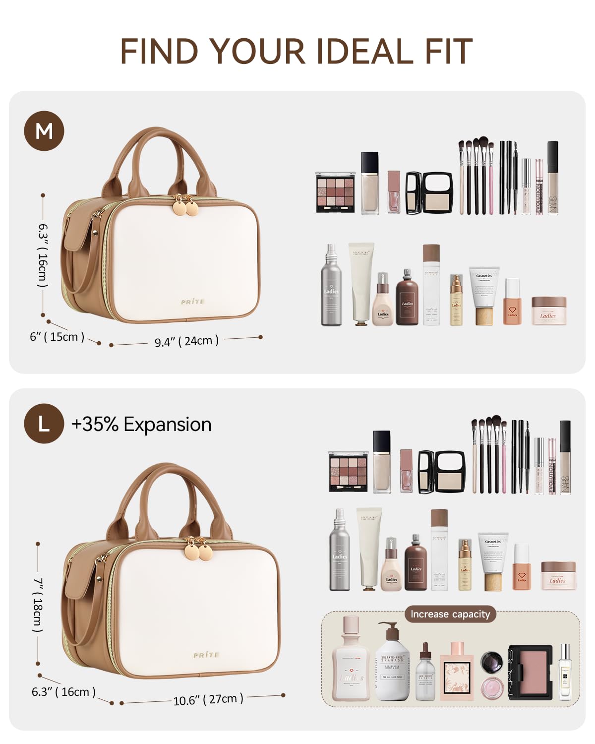 Prite Travel Makeup Bag Women’s Large Capacity Waterproof Cosmetic Organizer Portable Open Flat Toiletry Case with Free-standing Brush Holder and Handle(Beige Brown Medium)